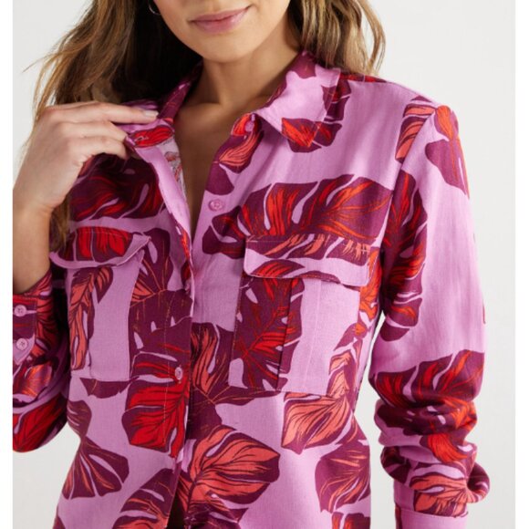 Sofia by Sofia Vergara Women's Pink Red Leaf Print Button Down Shirt Size XL - Picture 3 of 12